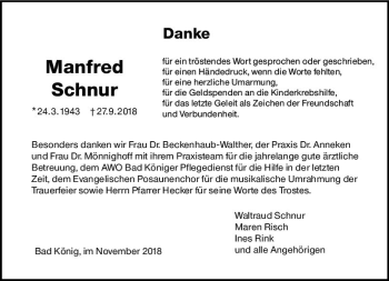 Traueranzeige von Manfred Schnur von vrm-trauer