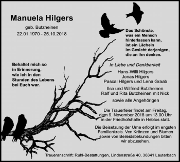 Traueranzeige von Manuela Hilgers von VRM Trauer