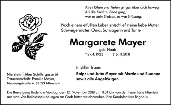 Traueranzeige von Margarete Mayer von vrm-trauer