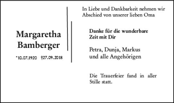 Traueranzeige von Margaretha Bamberger von vrm-trauer