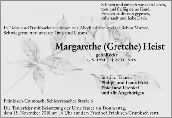 Traueranzeige von Margarethe (Gretche) Heist von vrm-trauer