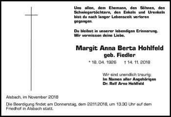 Traueranzeige von Margit Anna Berta Hohlfeld von vrm-trauer