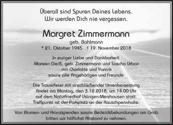 Traueranzeige von Margret Zimmermann von  Usinger Anzeiger