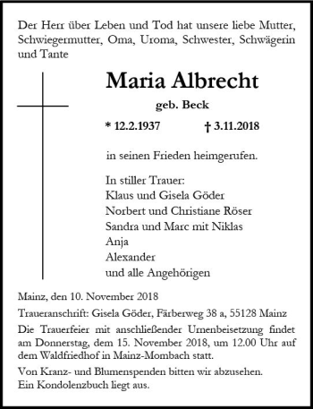 Traueranzeige von Maria Albrecht von vrm-trauer