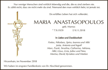 Traueranzeige von Maria Anastasopoulos von  Kreisanzeiger