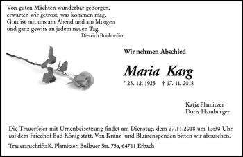 Traueranzeige von Maria Karg von vrm-trauer