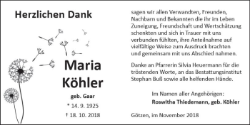 Traueranzeige von Maria Köhler von  Kreisanzeiger