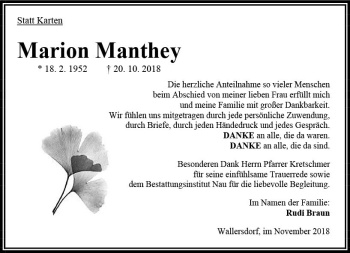 Traueranzeige von Marion Manthey von VRM Trauer