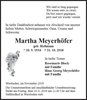 Traueranzeige von Martha Meyerhöfer von vrm-trauer