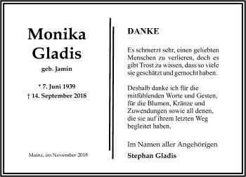 Traueranzeige von Monika Gladis von vrm-trauer