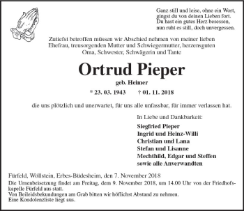 Traueranzeige von Ortrud Pieper von vrm-trauer