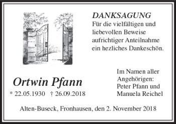 Traueranzeige von Ortwin Pfann von  Gießener Anzeiger