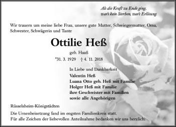 Traueranzeige von Ottilie Heß von vrm-trauer