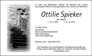 Traueranzeige von Ottilie Spieker von  Gießener Anzeiger