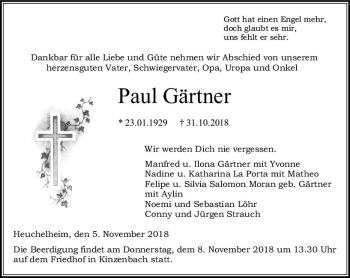 Traueranzeige von Paul Gärtner von  Gießener Anzeiger