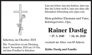 Traueranzeige von Rainer Dastig von  Kreisanzeiger