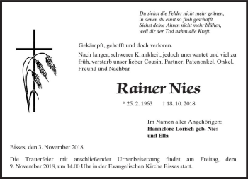 Traueranzeige von Rainer Nies von  Kreisanzeiger
