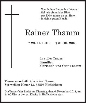 Traueranzeige von Rainer Thamm von vrm-trauer