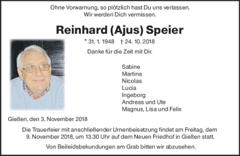Traueranzeige von Reinhard Speier von  Gießener Anzeiger