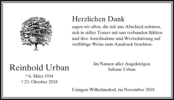 Traueranzeige von Reinhold Urban von  Usinger Anzeiger