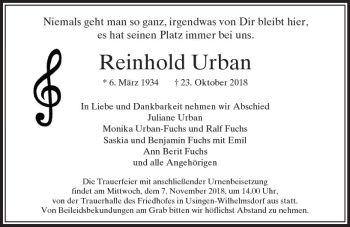 Traueranzeige von Reinhold Urban von  Usinger Anzeiger