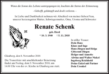 Traueranzeige von Renate Schenk von  Kreisanzeiger
