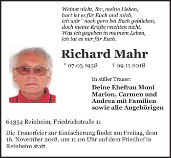 Traueranzeige von Richard Mahr von vrm-trauer