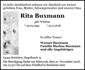 Traueranzeige von Rita Buxmann von vrm-trauer