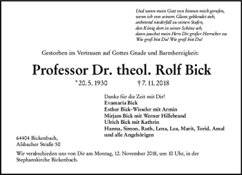 Traueranzeige von Rolf Bick von vrm-trauer