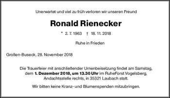 Traueranzeige von Ronald Rienecker von  Gießener Anzeiger