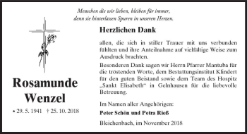Traueranzeige von Rosamunde Wenzel von  Kreisanzeiger