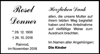 Traueranzeige von Rosel Donner von  Kreisanzeiger