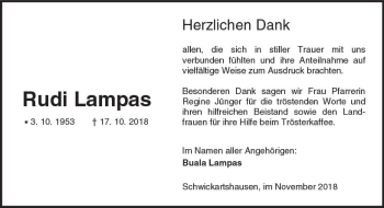 Traueranzeige von Rudi Lampas von  Kreisanzeiger