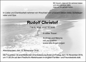 Traueranzeige von Rudolf Christof von  Gießener Anzeiger