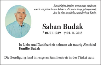 Traueranzeige von Saban Budak von vrm-trauer