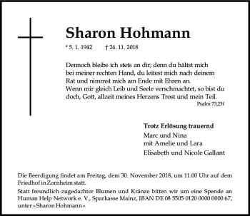 Traueranzeige von Sharon Hohmann von vrm-trauer