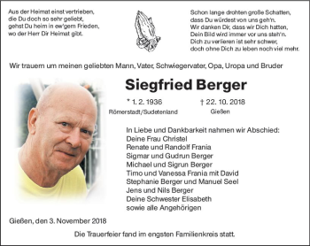 Traueranzeige von Siegfried Berger von  Gießener Anzeiger