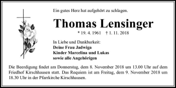 Traueranzeige von Thomas Lensinger von vrm-trauer