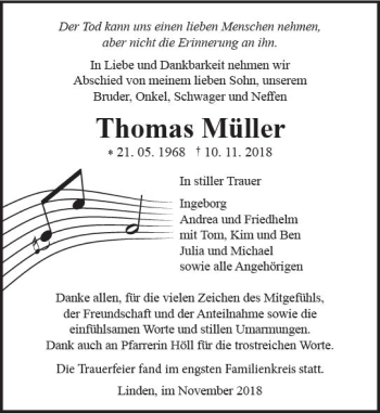 Traueranzeige von Thomas Müller von  Gießener Anzeiger
