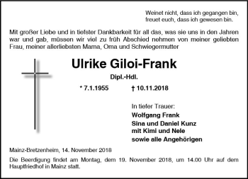 Traueranzeige von Ulrike Giloi-Frank von vrm-trauer
