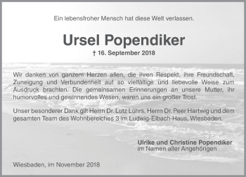 Traueranzeige von Ursel Popendiker von vrm-trauer