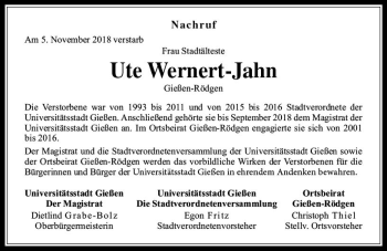 Traueranzeige von Ute Wernert-Jahn von  Gießener Anzeiger
