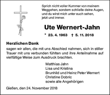 Traueranzeige von Ute Wernert-Jahn von  Gießener Anzeiger
