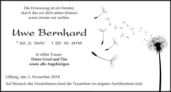 Traueranzeige von Uwe Bernhard von  Kreisanzeiger