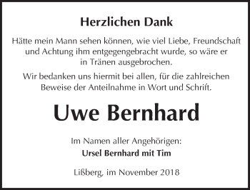 Traueranzeige von Uwe Bernhard von  Kreisanzeiger
