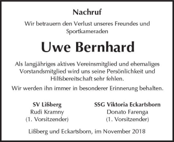 Traueranzeige von Uwe Bernhard von  Kreisanzeiger