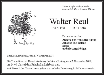 Traueranzeige von Walter Reul von VRM Trauer