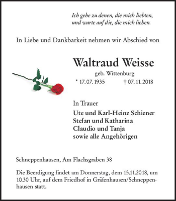 Traueranzeige von Waltraud Weisse von vrm-trauer