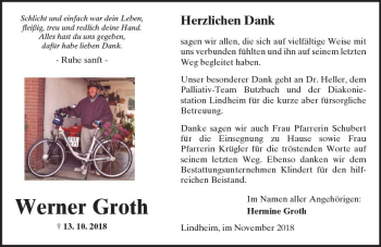 Traueranzeige von Werner Groth von  Kreisanzeiger