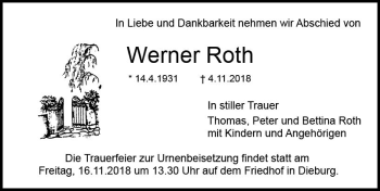 Traueranzeige von Werner Roth von vrm-trauer